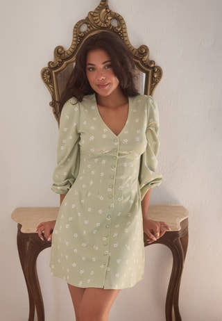 Mini Button Volume Sleeve Dress