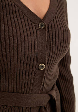 Rib Knitted Cardigan Dress Brown