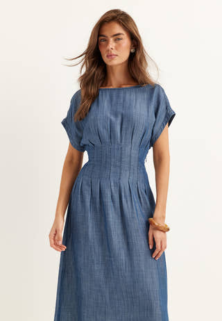 Denim Pleated Midi Dress