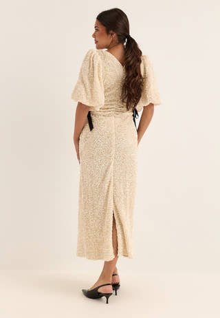 Puff Sleeve Sequin Ankle Dress White