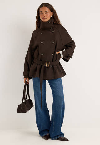 Dropped Waist Wool Blend Jacket Brown