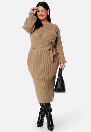 Round Neck Rib Knitted Midi Dress
