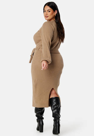 Round Neck Rib Knitted Midi Dress