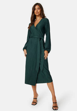 Pleated Wrap Midi Dress