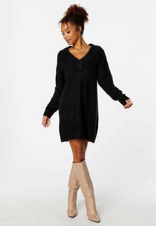 Knitted V-neck Sweater Dress