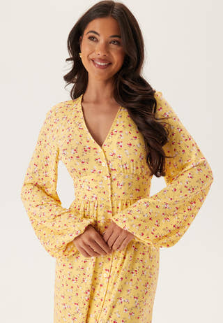 Soft Midi Button Volume Sleeve Dress