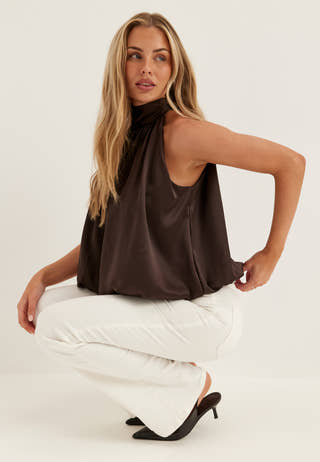 Bubble-Hem Halterneck Satin top