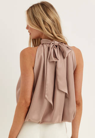 Bubble-Hem Halterneck Satin top