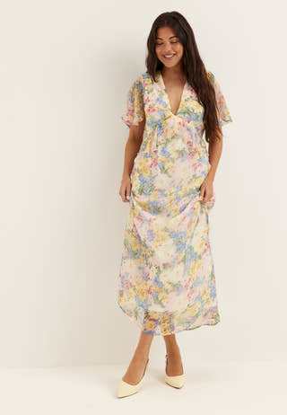 Butterfly Sleeve Chiffon Ankle Dress