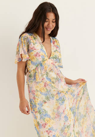 Butterfly Sleeve Chiffon Ankle Dress