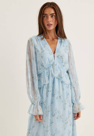 Frill L/S Chiffon Midi Dress