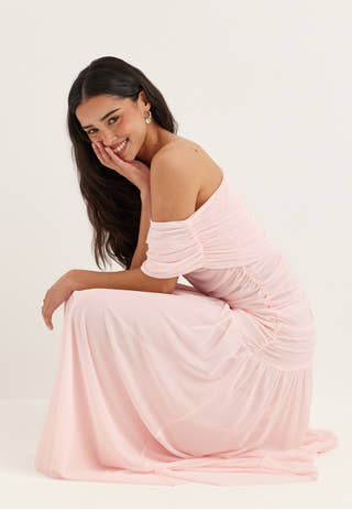 Off Shoulder Mesh Maxi Dress