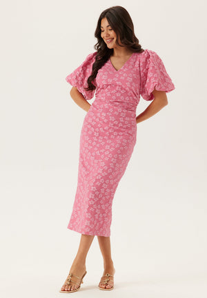 Puff Sleeve Jacquard Midi Dress