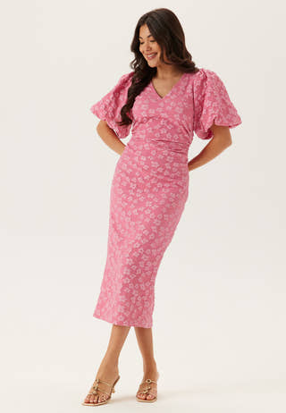 Puff Sleeve Jacquard Midi Dress