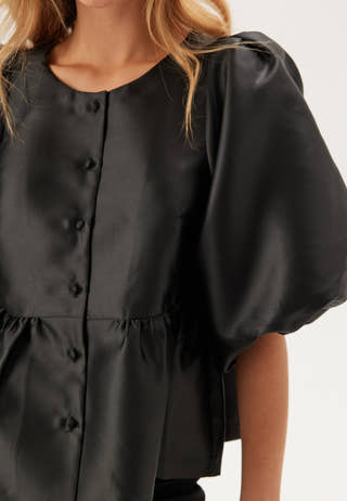 Puff Sleeve Peplum Satin Blouse
