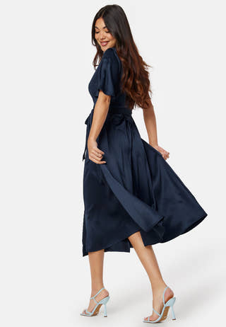 Butterfly Sleeve Wrap Satin Midi Dress
