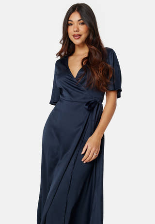 Butterfly Sleeve Wrap Satin Midi Dress