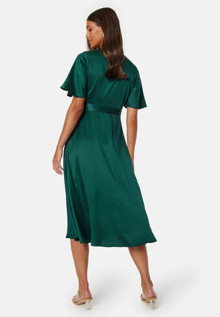 Butterfly Sleeve Wrap Satin Midi Dress