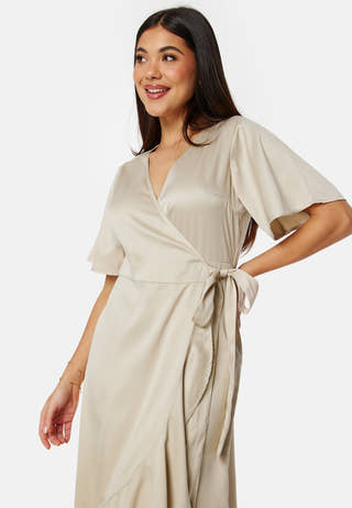 Frill Wrap Satin Midi Dress