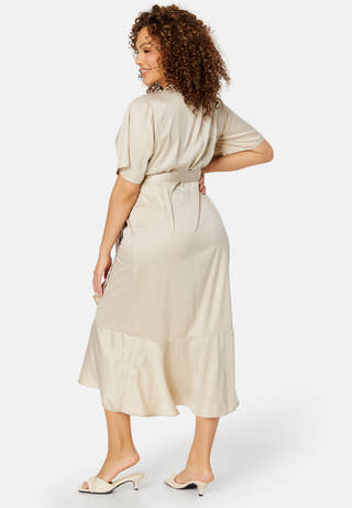 Frill Wrap Satin Midi Dress