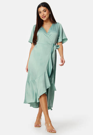 Frill Wrap Satin Midi Dress