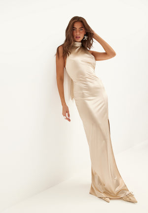 Stretch Satin Halterneck Gown