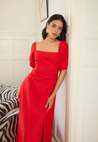 Puff Sleeve Linen Blend Dress