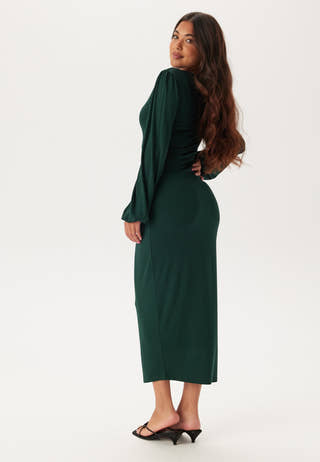 Square V-neck puff sleeve midi dress