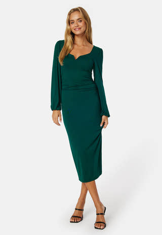 Square V-neck Puff Sleeve Midi Dress