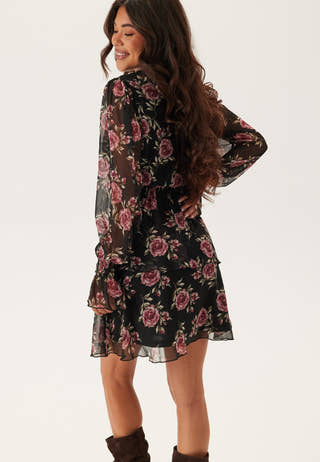 V-neck Frill L/S Chiffon Dress