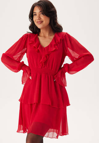 V-neck Frill L/S Chiffon Dress