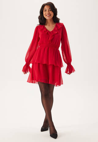 V-neck Frill L/S Chiffon Dress