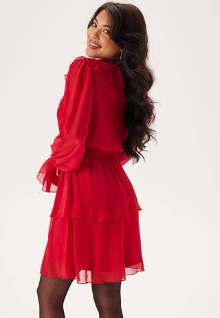 V-neck Frill L/S Chiffon Dress