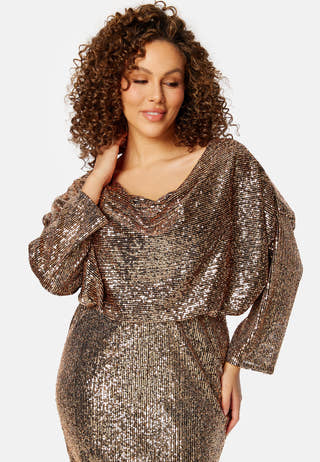 Sequin Cowl Neck Midi Dress