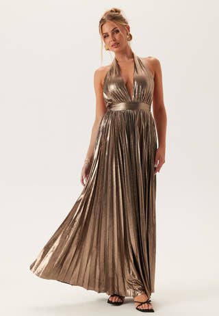 Deep V Pleated Halter Maxi Dre