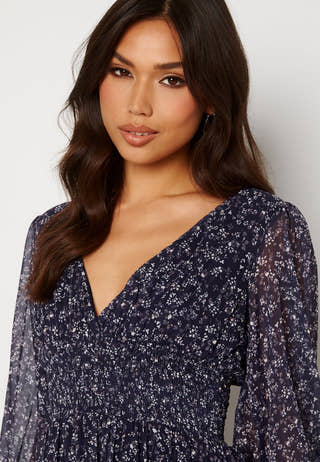 Ditsy Long Sleeve Shirred Maxi Dress