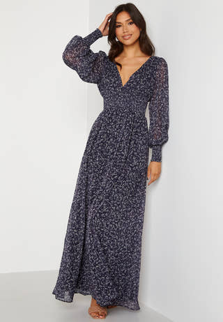 Ditsy Long Sleeve Shirred Maxi Dress