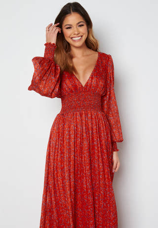 Ditsy Long Sleeve Shirred Maxi Dress