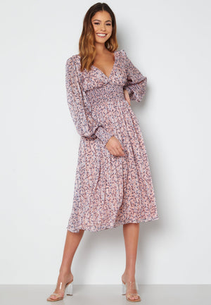 Ditsy Long Sleeve Shirred Midi Dress