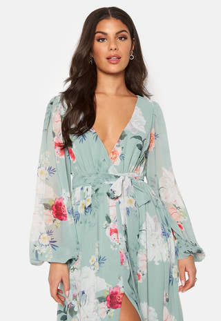 Floral Long Sleeve Chiffon Maxi Dress