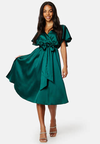 Flutter Sleeve Satin Midi Dress