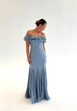 Frilly Chiffon Off Shoulder Maxi Dress
