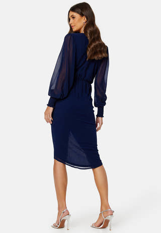 Long Sleeve Chiffon Rouched Midi Dress