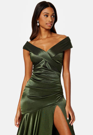 Satin Bardot Pleat Maxi With Split