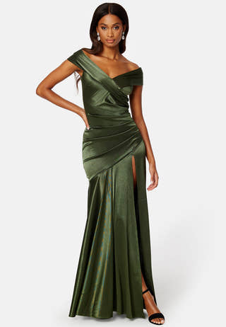 Satin Bardot Pleat Maxi With Split