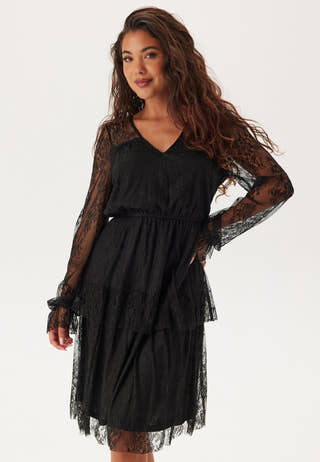 Tiered Puff Sleeve Lace Midi Dress