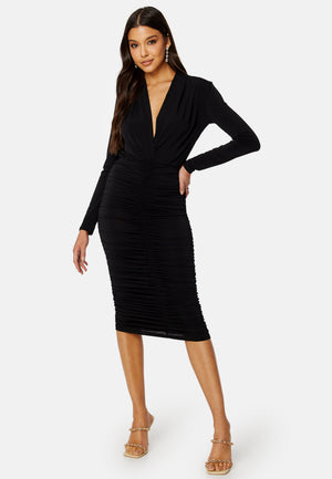Deep V Rouched Midi Dress