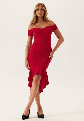 Glitter Off Shoulder Frill High Low Dress