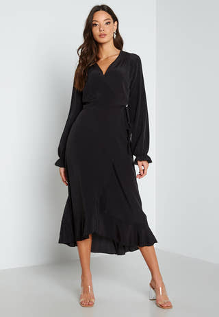 Long Sleeve Wrap Frill Dress