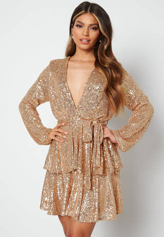Sequin Deep V Ruffle Skater Dress
